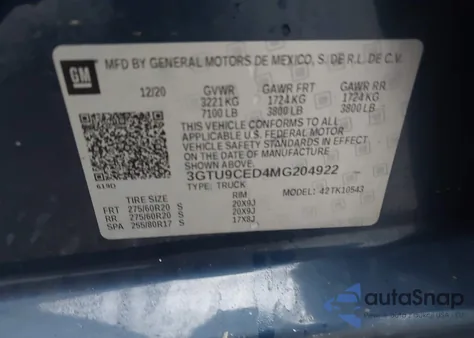 2021 GMC Sierra 1500 4Wd Short Box Elevation z USA, uszkodzony, nr VIN 3GTU9CED4MG204922